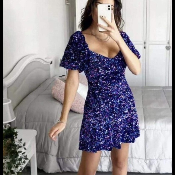 Zara blue and purple sequin mini dress Sz S - Picture 16 of 16